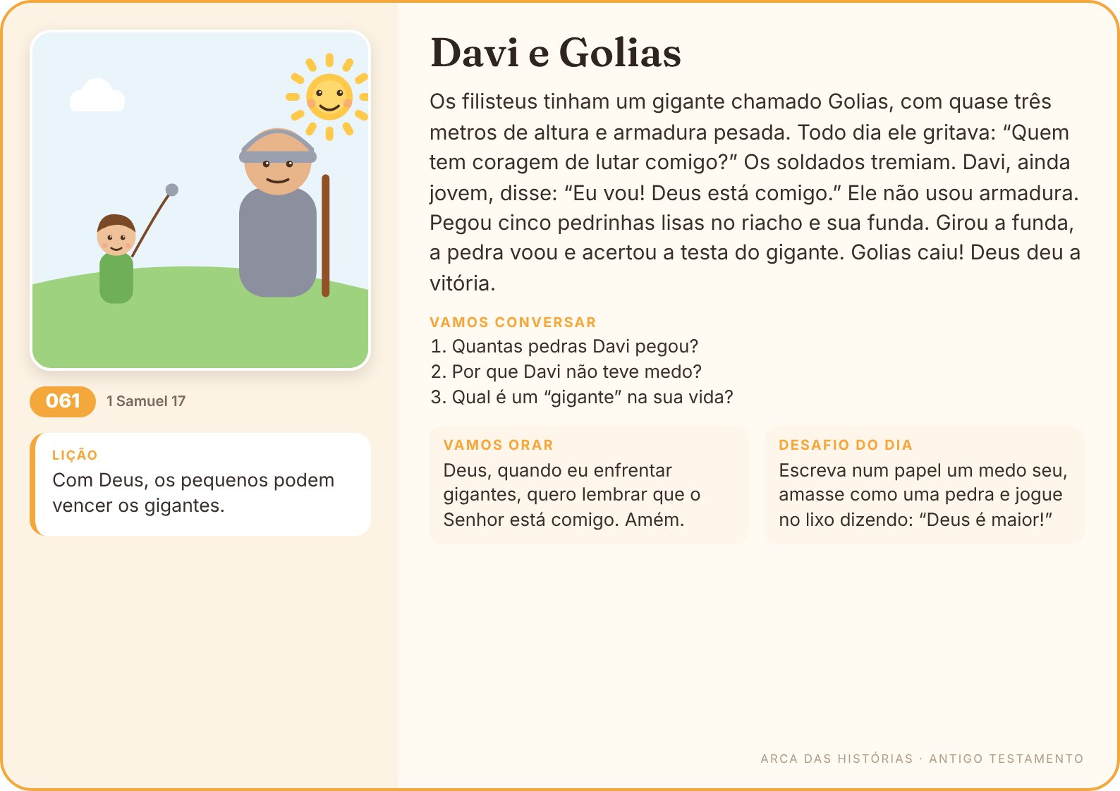 Exemplo de cartão: Davi e Golias, com história, lição, perguntas, oração e desafio